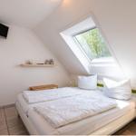Schlafzimmer mit Dachfenster, Bett, Nachttisch und Fernseher an der Wand.