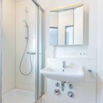 Badezimmer mit Dusche, Waschbecken und Spiegelschrank.