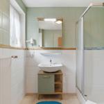 Badezimmer mit Dusche, Waschbecken und Spiegel.