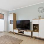 Wohnzimmer mit Fernseher, Schränken und Fenster zur Straße.