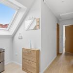 Flur mit Holzboden, Schrank und Dachfenster. Tür führt in das Bad.