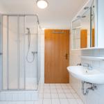 Badezimmer mit Dusche, Waschbecken und Spiegelschrank.