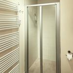 Dusche mit Glaswand, Heizkörper und Toilette in Badezimmer