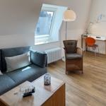 Living room with sofa, desk and skylight. Wooden floor and wall decor.