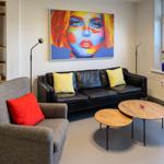 Black sofa with yellow cushions, gray armchair with red cushion, and wooden coffee table.