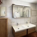 Badezimmer mit Doppelwaschbecken, Spiegelschrank und Heizkörper