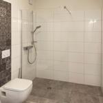 Bad mit Dusche, Toilette und Heizkörper