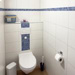 Badezimmer mit Toilette, WC-Behälter und Toilettenpapierhalter an der Wand.