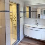 Badezimmer mit Dusche, Waschbecken und Spiegelschrank