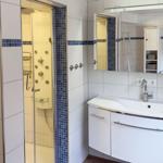 Badezimmer mit Dusche, Waschbecken und Spiegelschrank.
