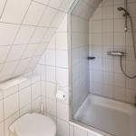 Duschkabine mit Duschbrause, Toilette und Toilettenpapier in weißer Fliesenwand.