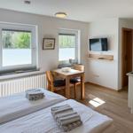 Zwei Betten, Tisch mit Stühlen, TV und Fenster mit Blick auf Wald.