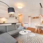 Wohnzimmer mit Sofa, Küchenzeile und Esstisch mit Stühlen.