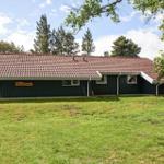 Ein dunkelblaues Haus mit rotem Ziegeldach steht auf einer grünen Wiese unter Bäumen.
