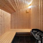 Sauna mit Holzwandverkleidung und Steinkachelofen