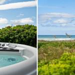 Whirlpool mit Blick auf grüne Hecke und Meer