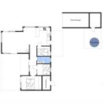 Funktionaler Grundriss mit Schlafzimmer, Bad, Küche und Carport mit Pool.