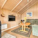 Wohnraum mit Holzwand, Sofa, Tisch und Kaminofen mit brennendem Feuer.