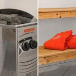 Harvia Sauna mit Steinen und Holzbank mit orangefarbenen Handtüchern.