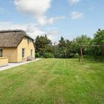Haus mit Strohdach und großem Garten mit Schaukel.