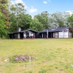 Modern wooden cabin with terrace and garden. Surrounded by trees under blue sky.