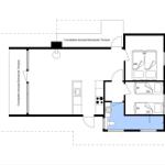 Apartment with kitchen, bathroom, terrace, and three bedrooms with beds.
