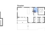 Stueplan mit vier Schlafzimmern, Küche und überdachter Terrasse. Keller mit Treppe.