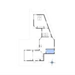 Floor plan shows two bedrooms, kitchen, bathroom, and living area with compass.