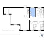 Wohnung mit drei Schlafzimmern, Küche und überdachter Terrasse. Flur mit Bad und WC.