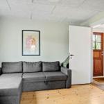 Wohnzimmer mit grauem Sofa, Holzboden und Wandbild. Tür führt ins Haus.