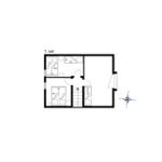 Erdgeschossplan mit Schlafzimmer, Bad und Treppe zur oberen Etage.