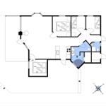 Apartment with kitchen, bathroom, and three bedrooms with beds.