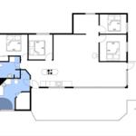Die Wohnung hat drei Schlafzimmer, eine Küche und eine Badewanne.