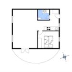 A room with kitchen, bathroom, and sleeping area. Northeast orientation.