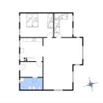 Wohnung mit drei Schlafzimmern, Küche und Bad. Grundriss mit Orientierung.
