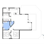 Wohnung mit drei Schlafzimmern, Küche und Bad. Grundriss mit Orientierung.