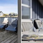 Terrasse mit Liegestühlen und Blick auf Häuser. Tisch mit zwei Weingläsern.