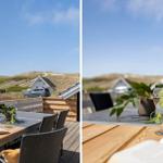 Terrasse mit Tisch, Stühlen und Blick auf Dünen und Haus