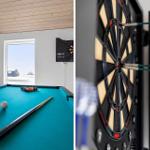 Billardtisch mit Kugeln und Queue. Dartboard mit Darts. Fensterblick auf schneebedeckte Landschaft.