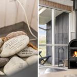 Badezimmer mit Korb voller geschriebener Steine. Holzofen mit brennendem Feuer vor großem Fenster.