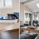 Wohnzimmer mit Holztisch, Puzzle und Blick auf die Außenterrasse.