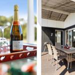 Champagnerflasche und Gläser auf einem Tablett. Terrasse mit Tisch, Stühlen und Grill.