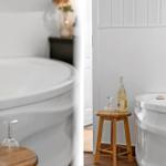 Bad mit Whirlpool, Weinflasche und Gläsern auf Holztisch