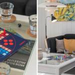 Glas-Tisch mit Ludo-Spiel, Wassergläser und Kissen auf Sofa