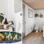 Badezimmer mit dekorativem Waschbecken, Toilette und Holzdecke.