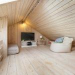 Dachgeschosszimmer mit Holzwand, TV, Sitzgelegenheit und Deckenleuchte.
