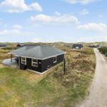 Schwarzes Ferienhaus mit Terrasse, umgeben von Gras und Dünen. Zahlreiche Häuser sind im Hintergrund sichtbar.