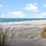 Strand mit Wellen und Dünenvegetation im Vordergrund unter blauem Himmel.