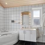 Bad mit Dusche, Waschbecken und Whirlpoolbad. Holzdecke und Fenster.