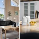 Wohnzimmer mit Sofa und Tisch. Tisch mit Tassen und Schale.